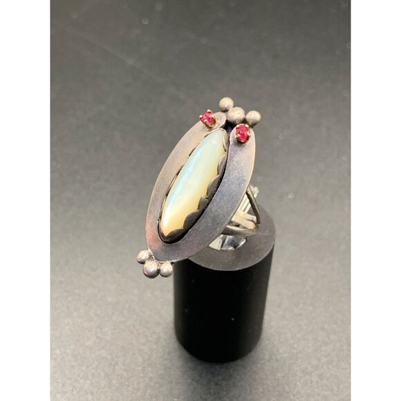Sterling Silver MOP Native Ring Signed JN Size 5.75 Altered with 2 Added Rubies - Picture 3 of 9